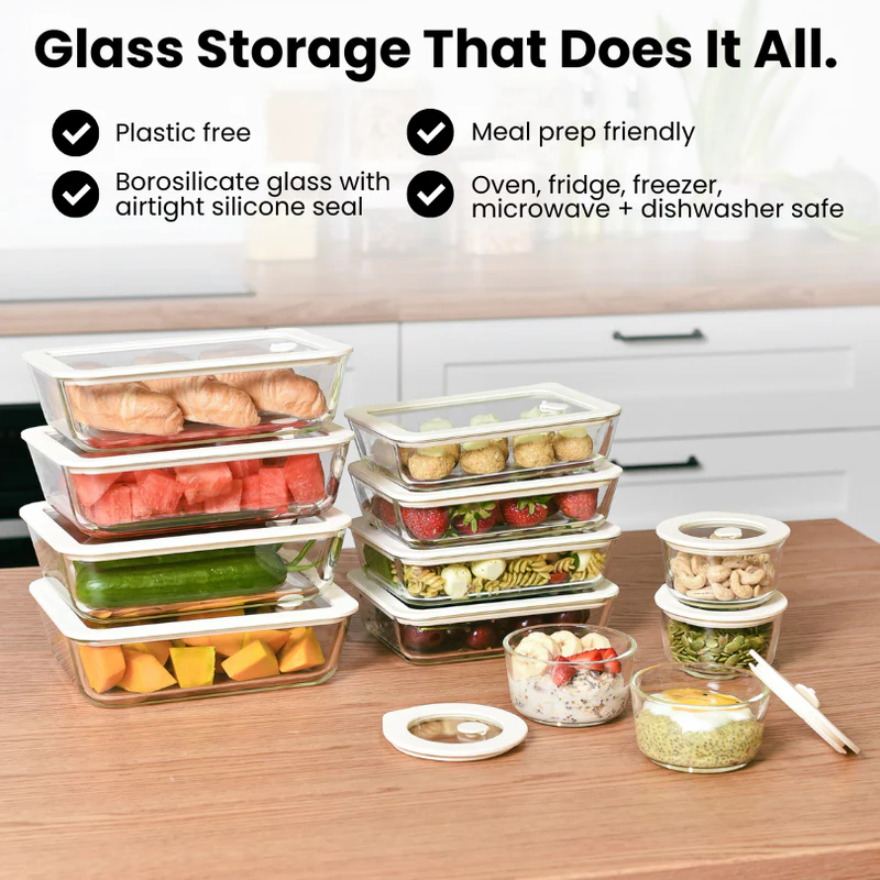 Glass Food Storage Containers Cream - 12 Set Rectangle / Round - Meal Prep - Image 2