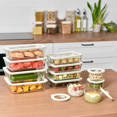 Glass Food Storage Containers Cream - 12 Set Rectangle / Round - Meal Prep